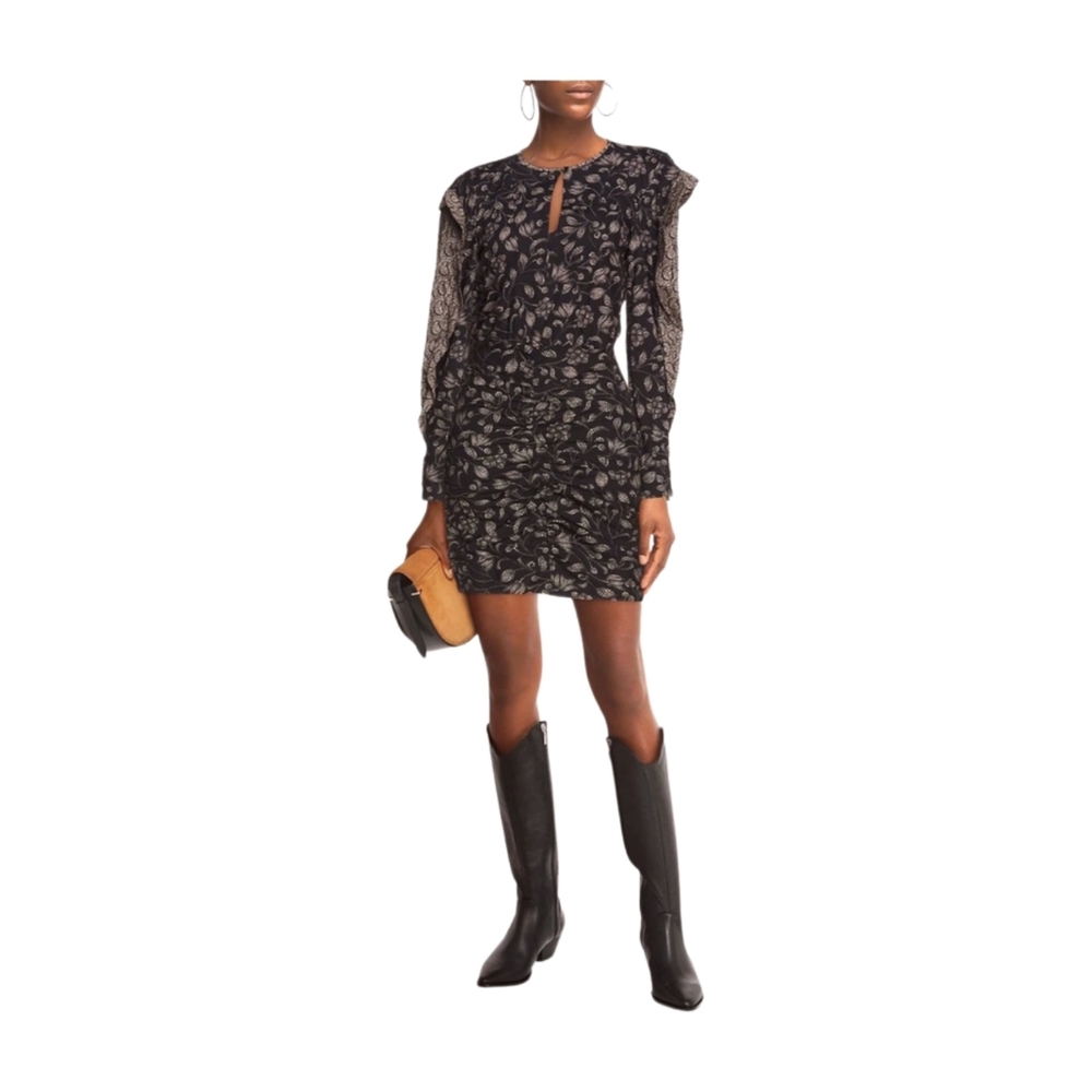 NWT Isabel Marant Etoile‎ Lexini Black Ruffled Floral Print Mini Dress Size FR36